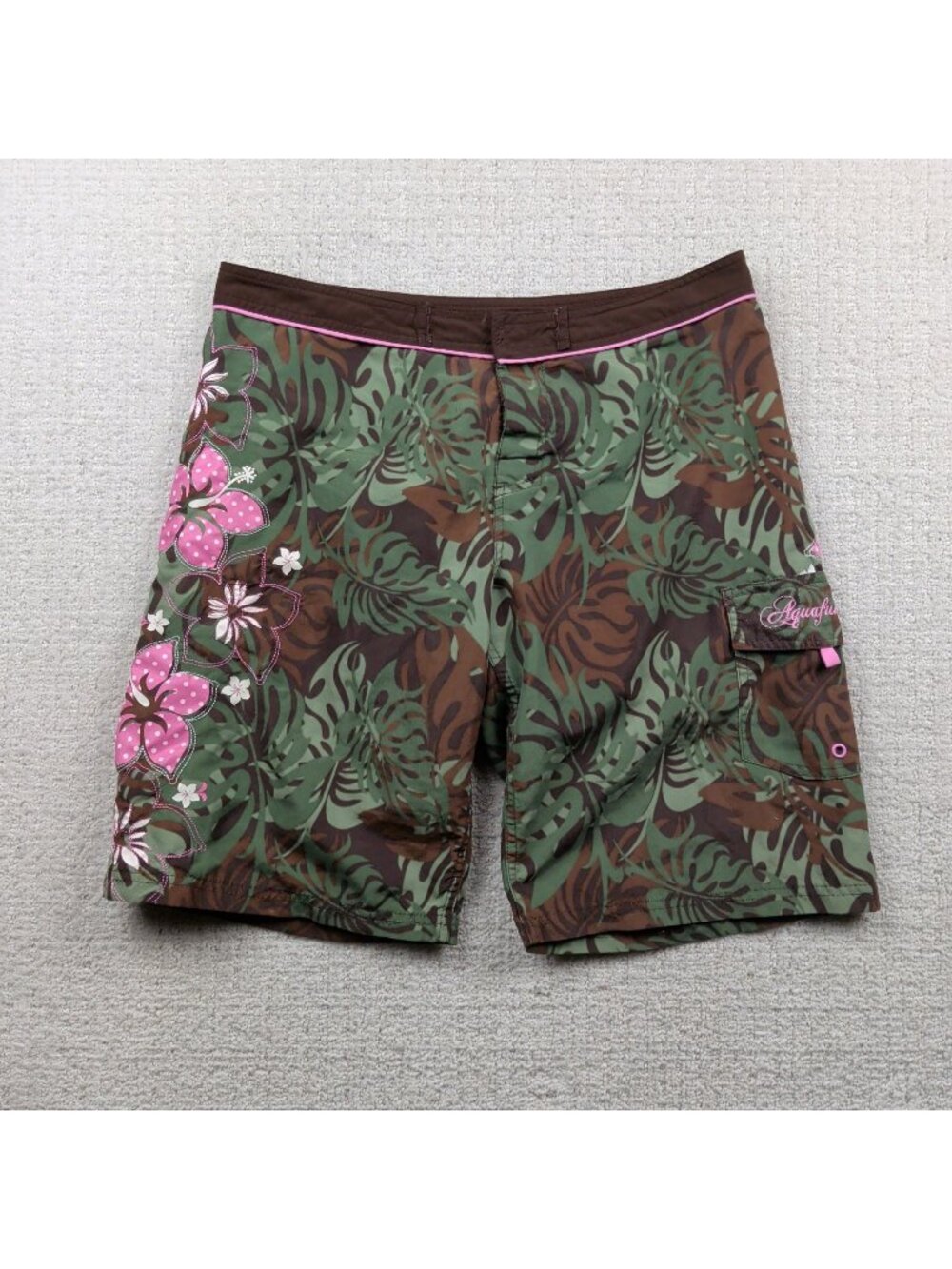 Y2K Aqua Funky Board Shorts Womens Size M Floral Swim Trunks Mcbling Glam 2000's